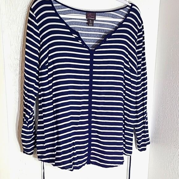 Oh Baby Maternity Top, Navy & White Stripes with Tie Belt, Size Large - Picture 2 of 8
